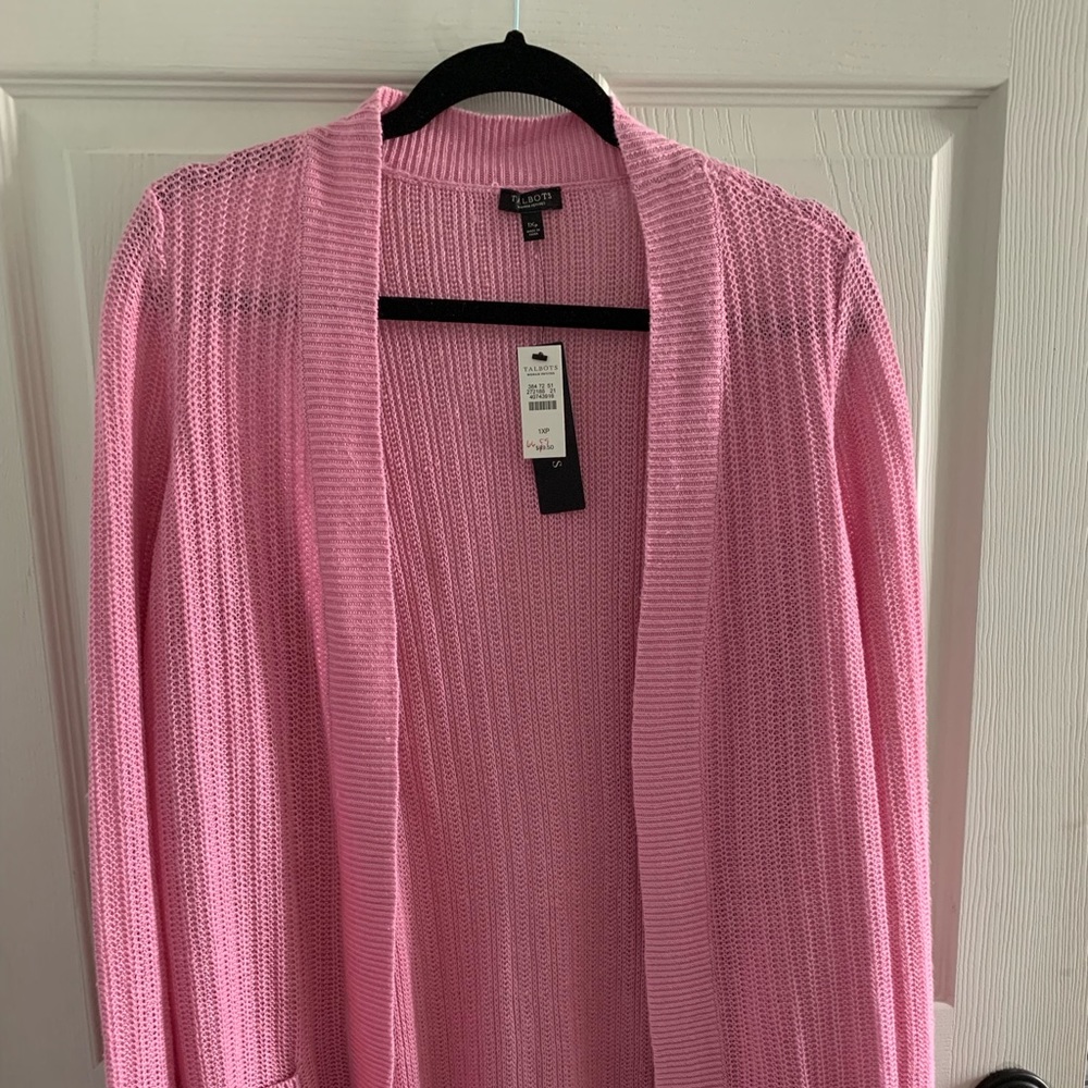 Talbots 1xp pink open stitch cardigan.